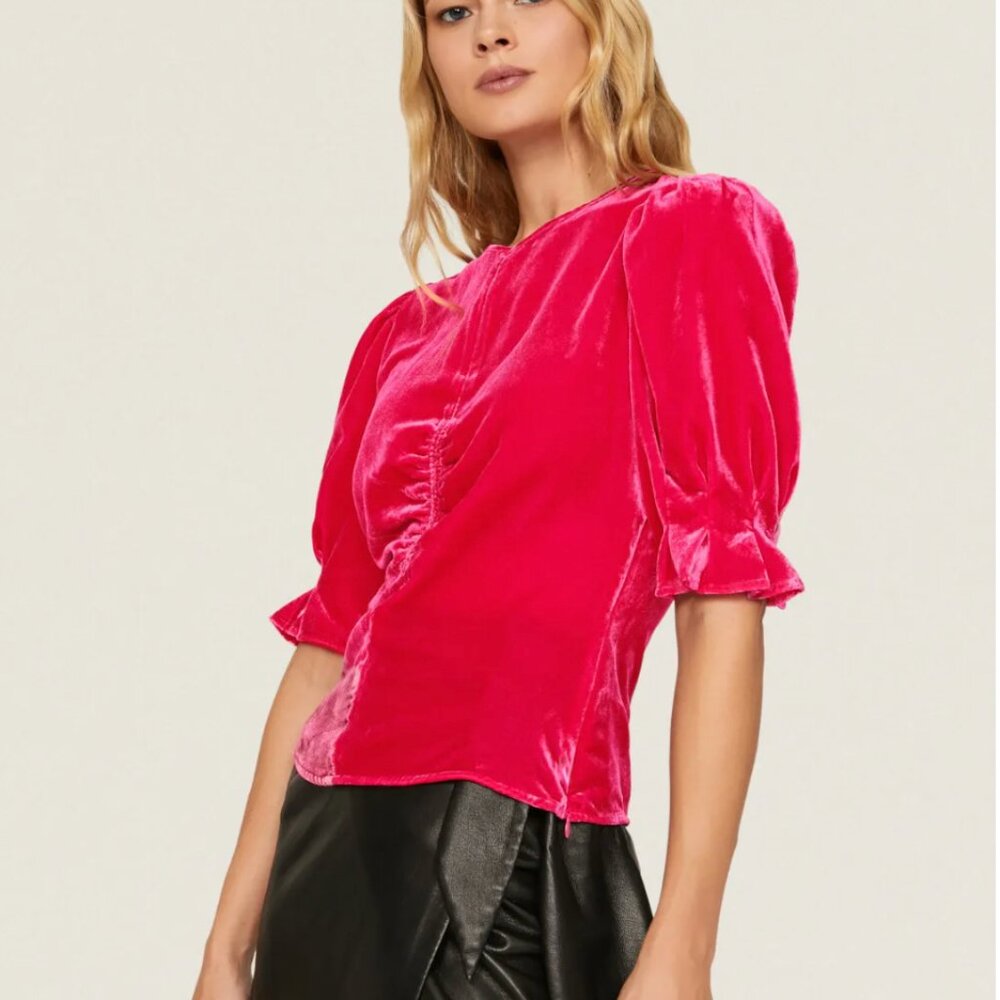 Scotch & Soda Blouse Pink Fitted Puff Sleeve Velvet Planet Love Ruched Top - Picture 1 of 14